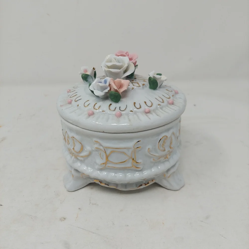 Vintage Floral Trinket Box Porcelain White Pink Roses Jewelry Footed Victorian